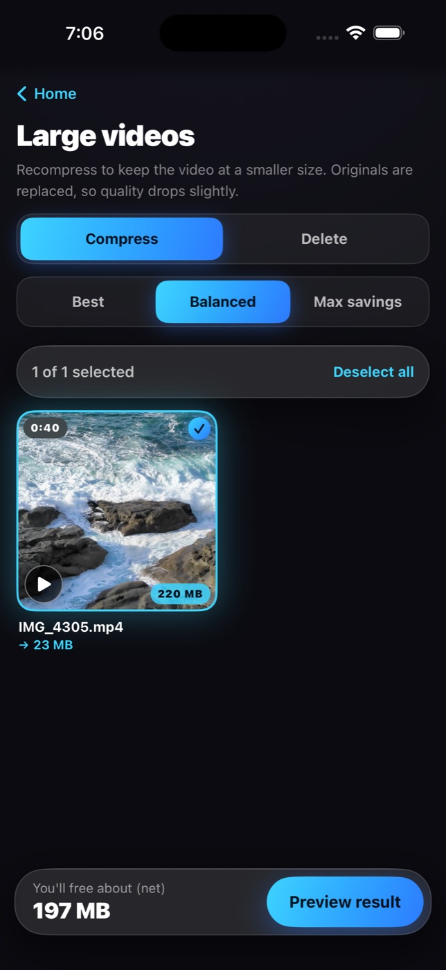 Large videos screen with a compression preview